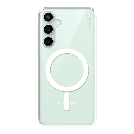 Samsung Galaxy S23 FE com capa VX Case compatível com MagSafe, design transparente com proteção traseira.