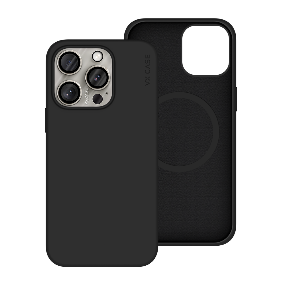 iPhone 15 Pro Max com capa VX Case smooth compatível com MagSafe, acabamento preto fosco e design minimalista.