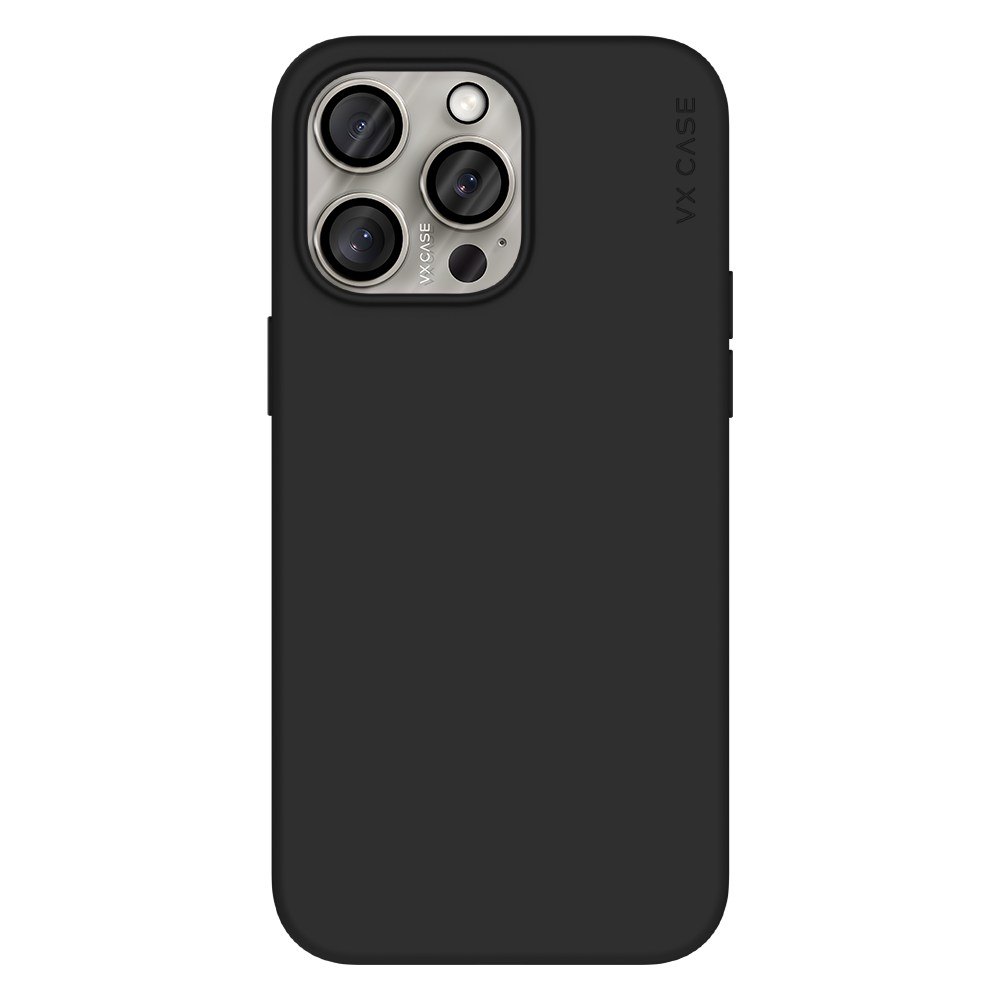 iPhone 15 Pro Max com capa VX Case smooth, design preto fosco com proteção traseira resistente.