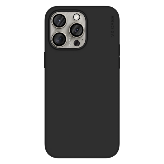 iPhone 15 Pro Max com capa VX Case smooth, design preto fosco com proteção traseira resistente.