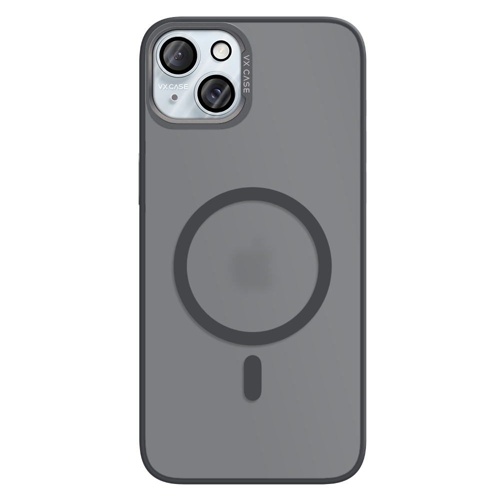 iPhone 15 Plus com capa VX Case titanium compatível com MagSafe, acabamento fosco com estampa graffiti.