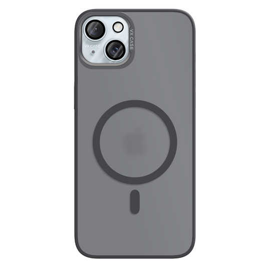 iPhone 15 Plus com capa VX Case titanium compatível com MagSafe, acabamento fosco com estampa graffiti.