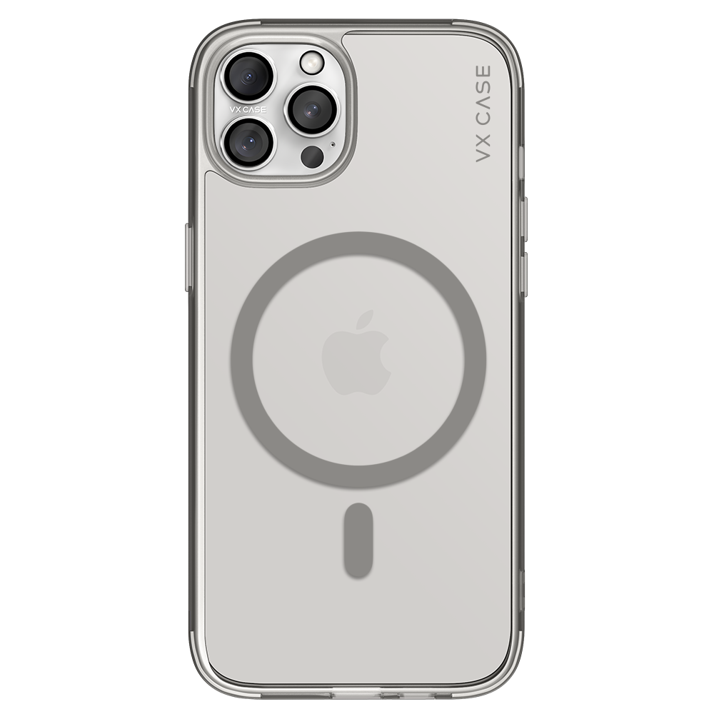 iPhone 14 Pro com capa VX Case MagSafe, proteção traseira com anel magnético e design minimalista transparente.