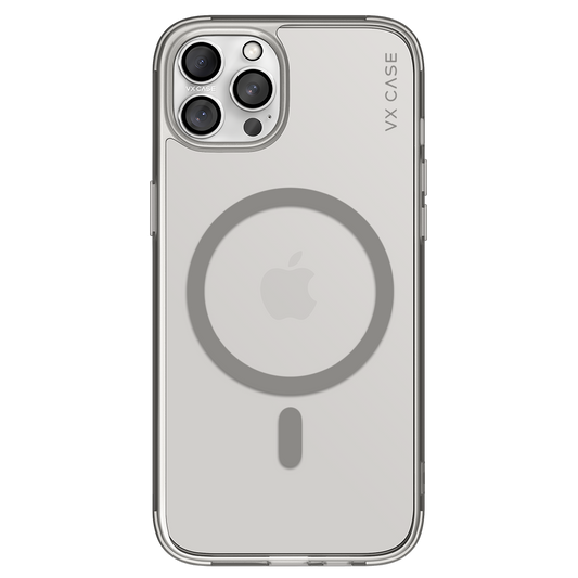 iPhone 14 Pro com capa VX Case MagSafe, proteção traseira com anel magnético e design minimalista transparente.