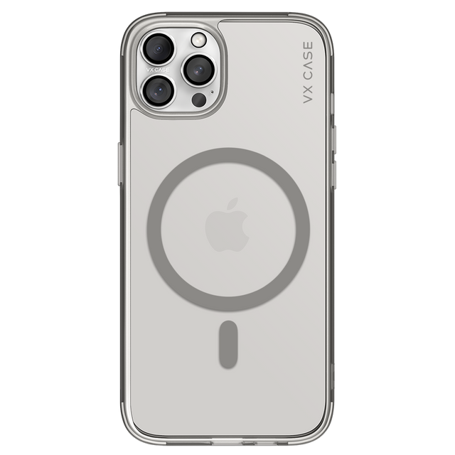 iPhone 14 Pro com capa VX Case MagSafe, proteção traseira com anel magnético e design minimalista transparente.