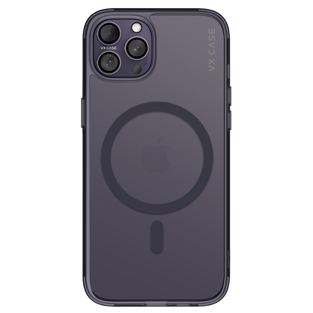 iPhone 14 Pro com capa VX Case MagSafe, proteção traseira com anel magnético e design em tom roxo escuro.
