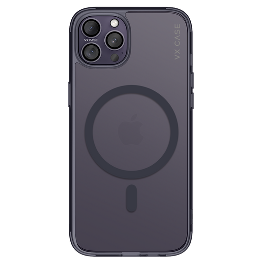 iPhone 14 Pro com capa VX Case MagSafe, proteção traseira com anel magnético e design em tom roxo escuro.