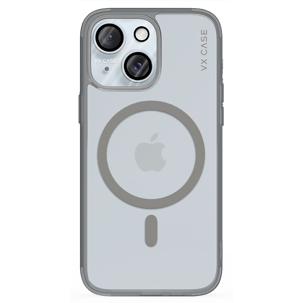 iPhone 15 com capa VX Case compatível com MagSafe, anel magnético integrado e acabamento transparente.