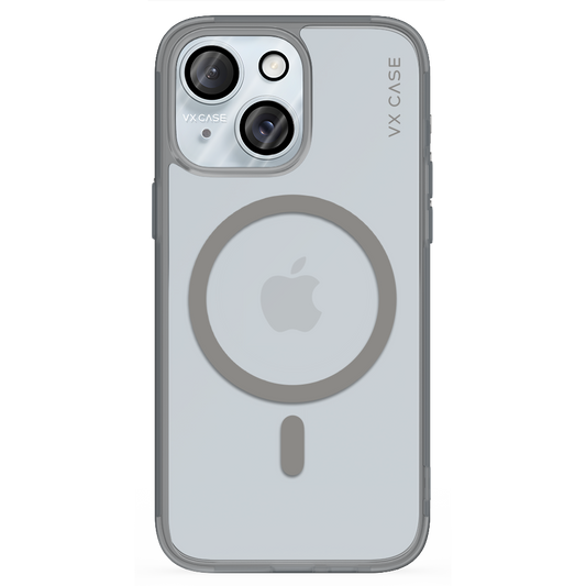 iPhone 15 com capa VX Case compatível com MagSafe, anel magnético integrado e acabamento transparente.