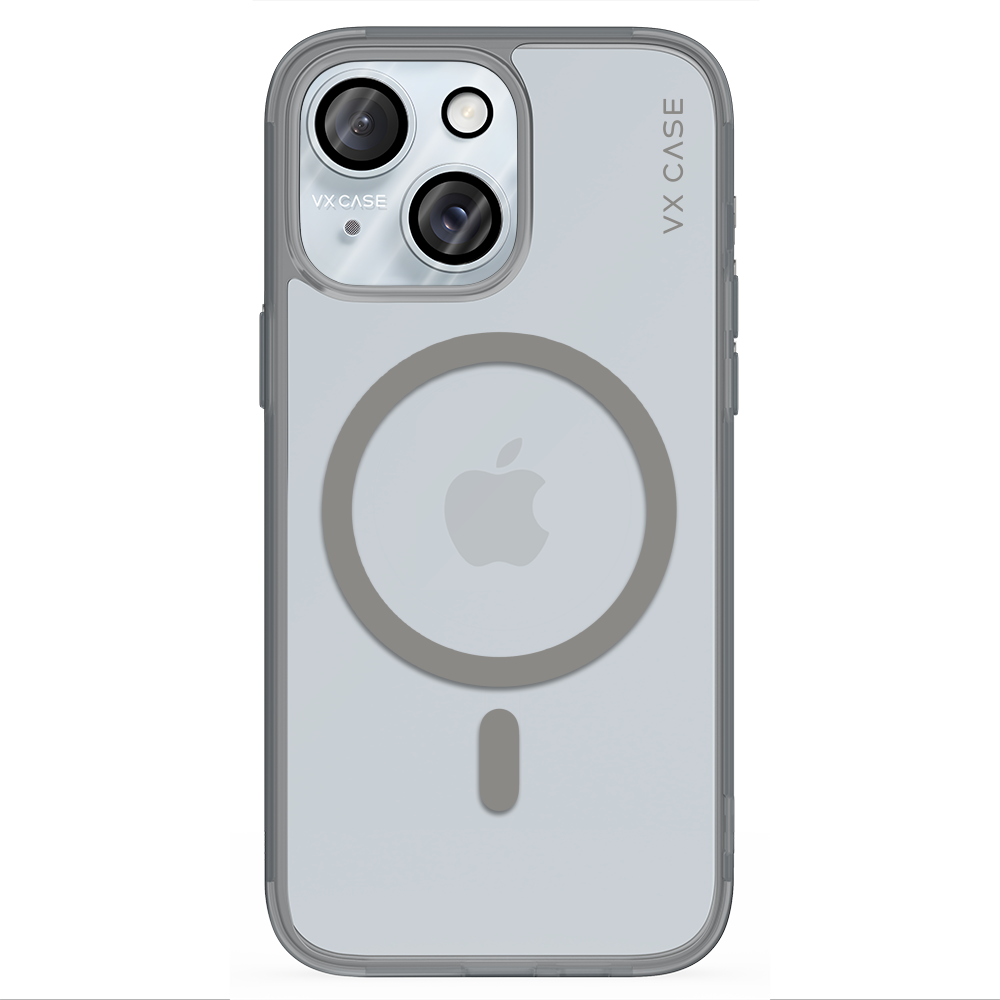 iPhone 15 com capa VX Case compatível com MagSafe, anel magnético integrado e acabamento transparente fosco.