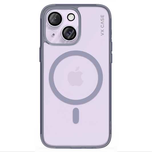 iPhone 15 com capa VX Case compatível com MagSafe, anel magnético integrado e design minimalista lilás.