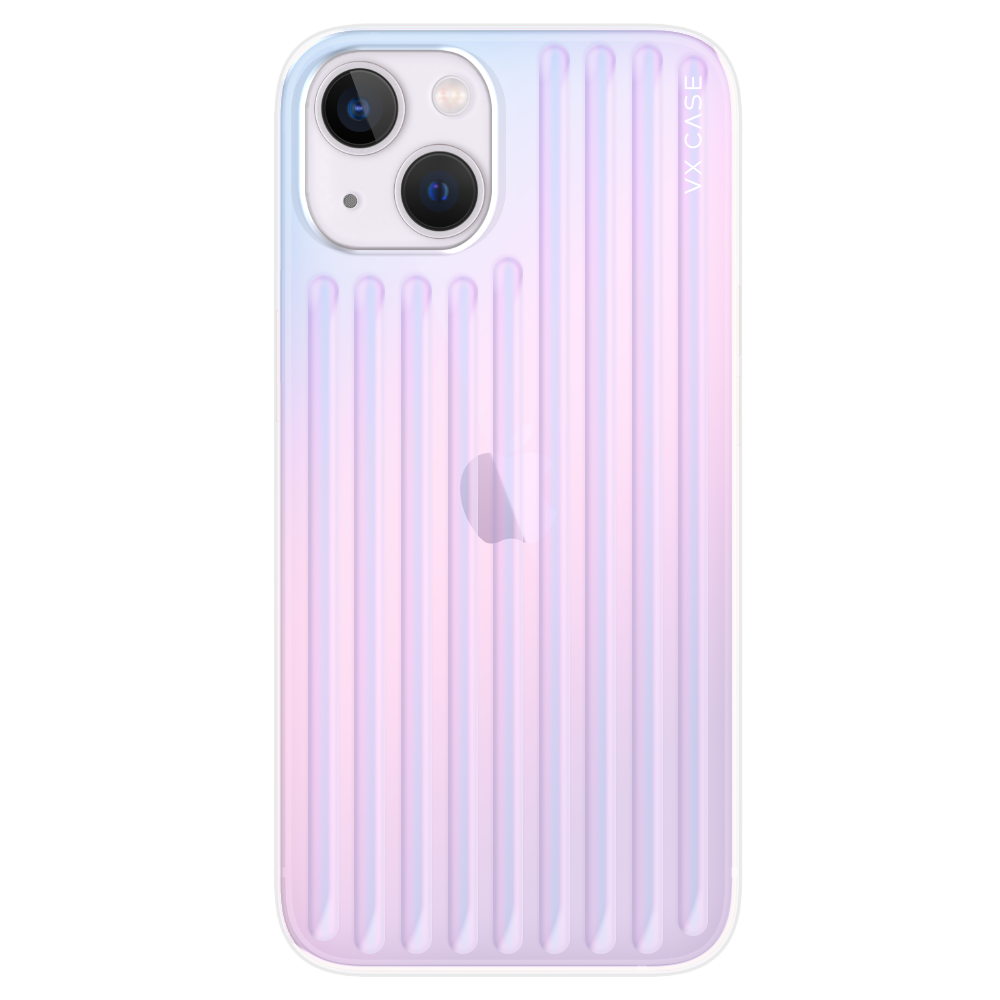 iPhone 15 com capa VX Case texturizada, proteção traseira com linhas verticais em degradê lilás e rosa.