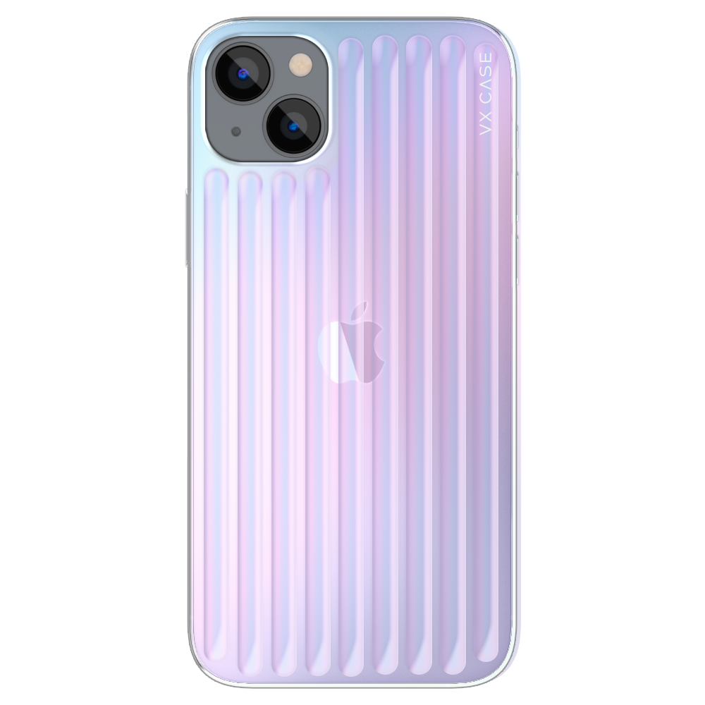 iPhone 15 com capa VX Case texturizada, design em linhas verticais com acabamento translúcido em lilás.