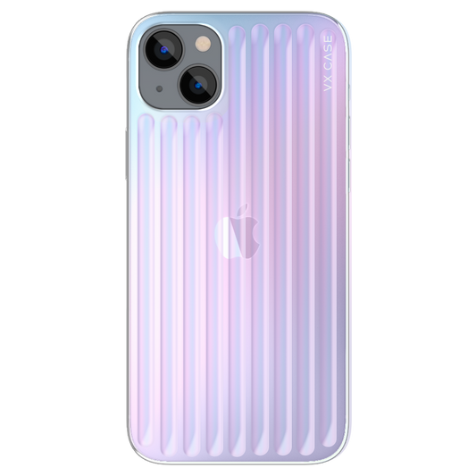 iPhone 15 com capa VX Case texturizada, design em linhas verticais com acabamento translúcido em lilás.