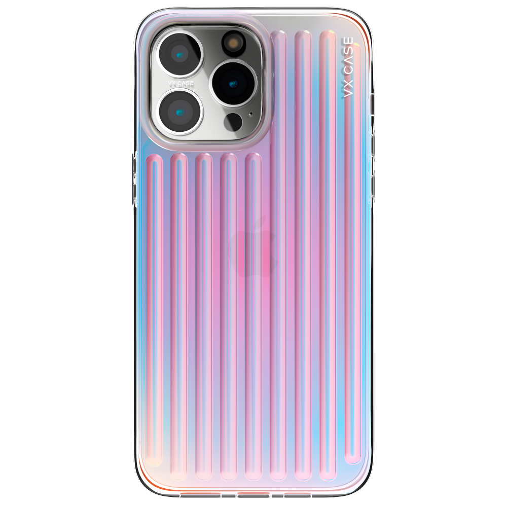 iPhone 15 Pro com capa VX Case texturizada, design em linhas verticais e acabamento em degradê rosa e azul.