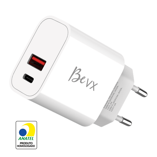 Carregador de parede com 1 porta USB + 1 Type-C - BeVX - Branco - VX Case