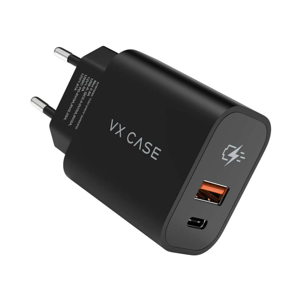 Carregador VX Case com porta USB-A e USB-C, suporte a carregamento rápido, design compacto.