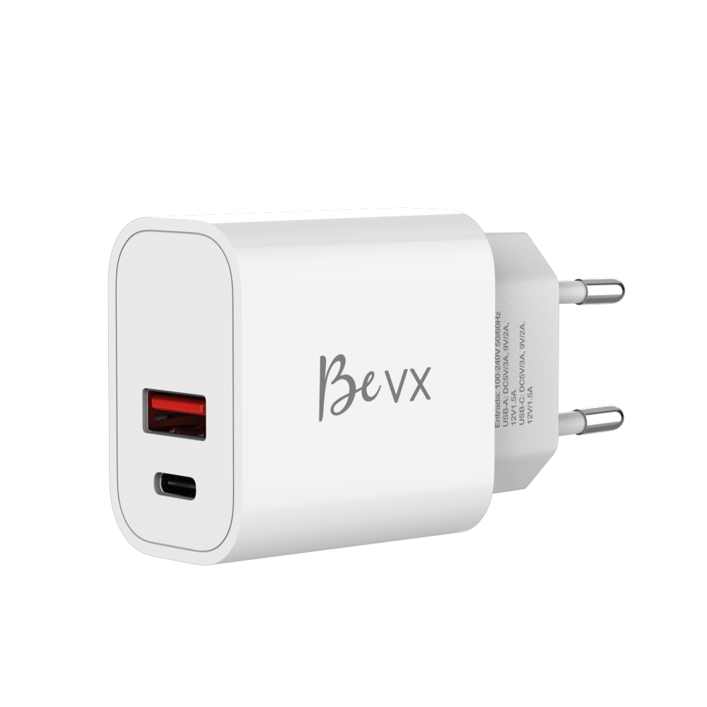 Carregador de parede com 1 porta USB + 1 Type-C - BeVX - Branco - VX Case