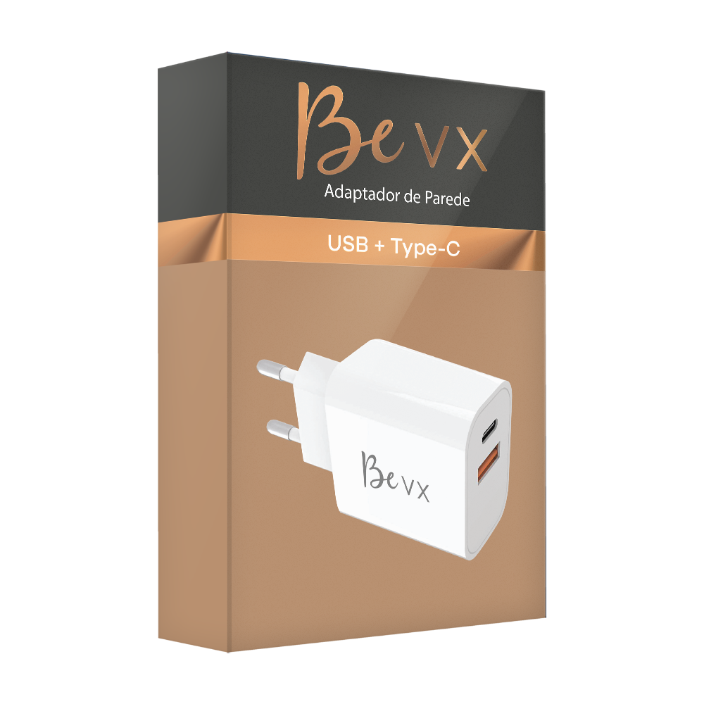 Carregador de parede com 1 porta USB + 1 Type-C - BeVX - Branco - VX Case