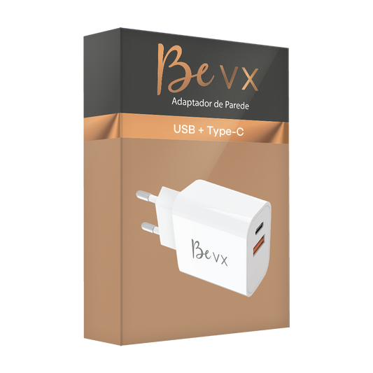 Carregador de parede com 1 porta USB + 1 Type-C - BeVX - Branco - VX Case