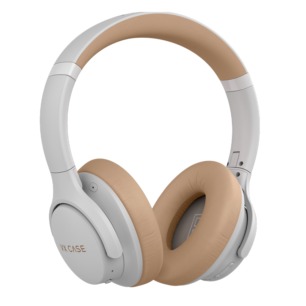 Headphone VX Case sem fio, almofadas confortáveis e design over-ear, na cor bege e cinza.