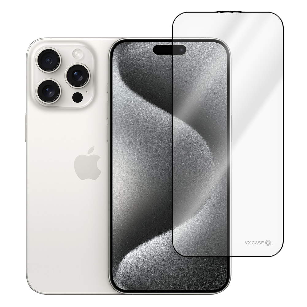 iPhone 15 Pro com película de vidro transparente, alta proteção contra impactos e riscos, demonstrada sobre a tela.