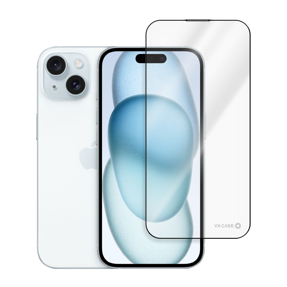 iPhone azul claro com película de vidro transparente parcialmente aplicada, exibindo proteção de tela frontal.
