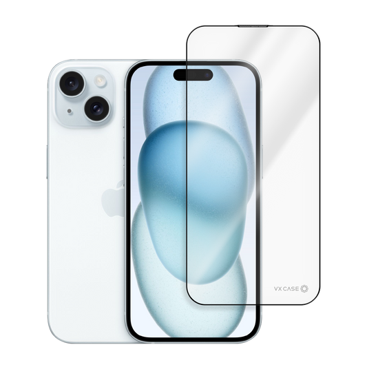iPhone azul claro com película de vidro transparente parcialmente aplicada, exibindo proteção de tela frontal.
