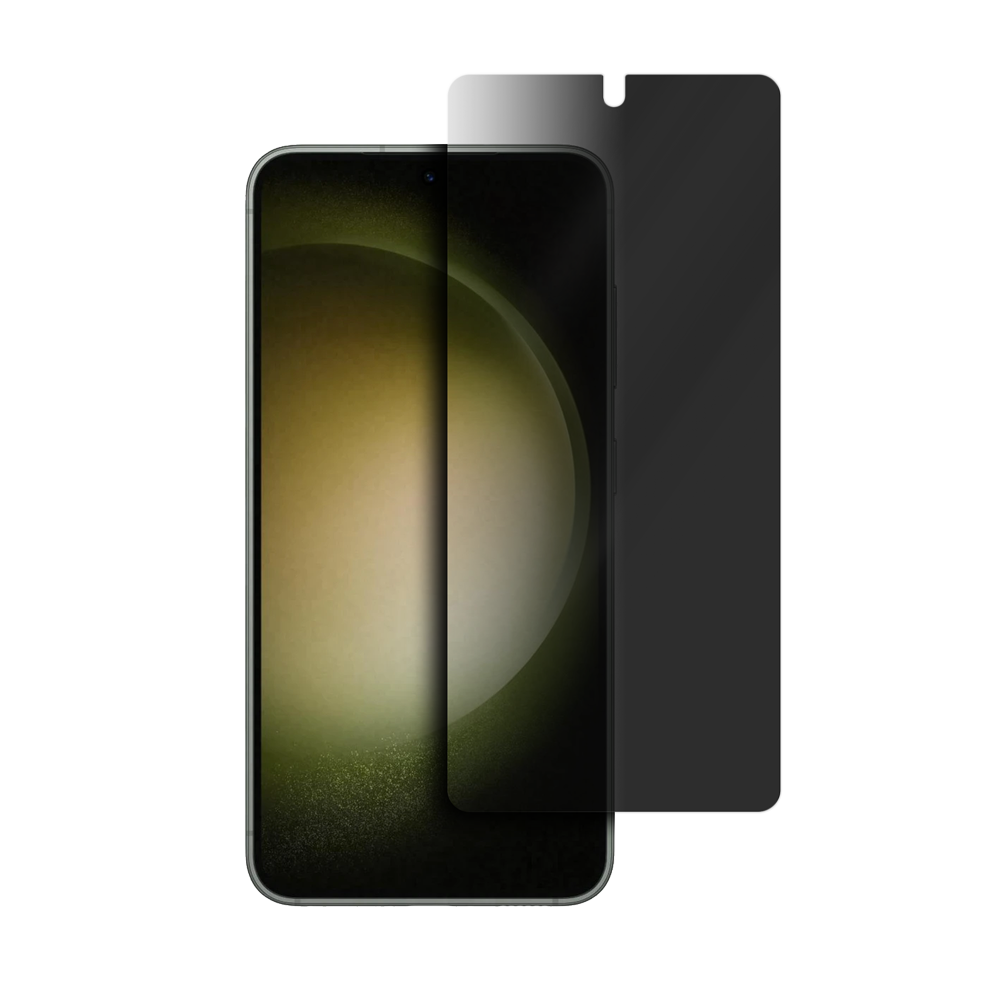 Smartphone com película de privacidade aplicada parcialmente, demonstrando escurecimento da tela em ângulo lateral.