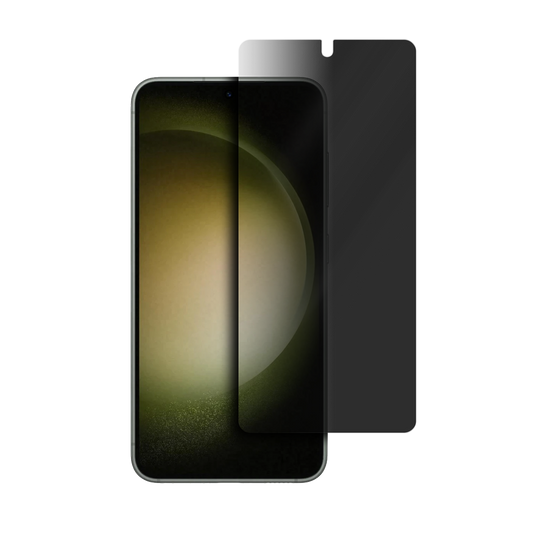 Smartphone com película de privacidade aplicada parcialmente, demonstrando escurecimento da tela em ângulo lateral.