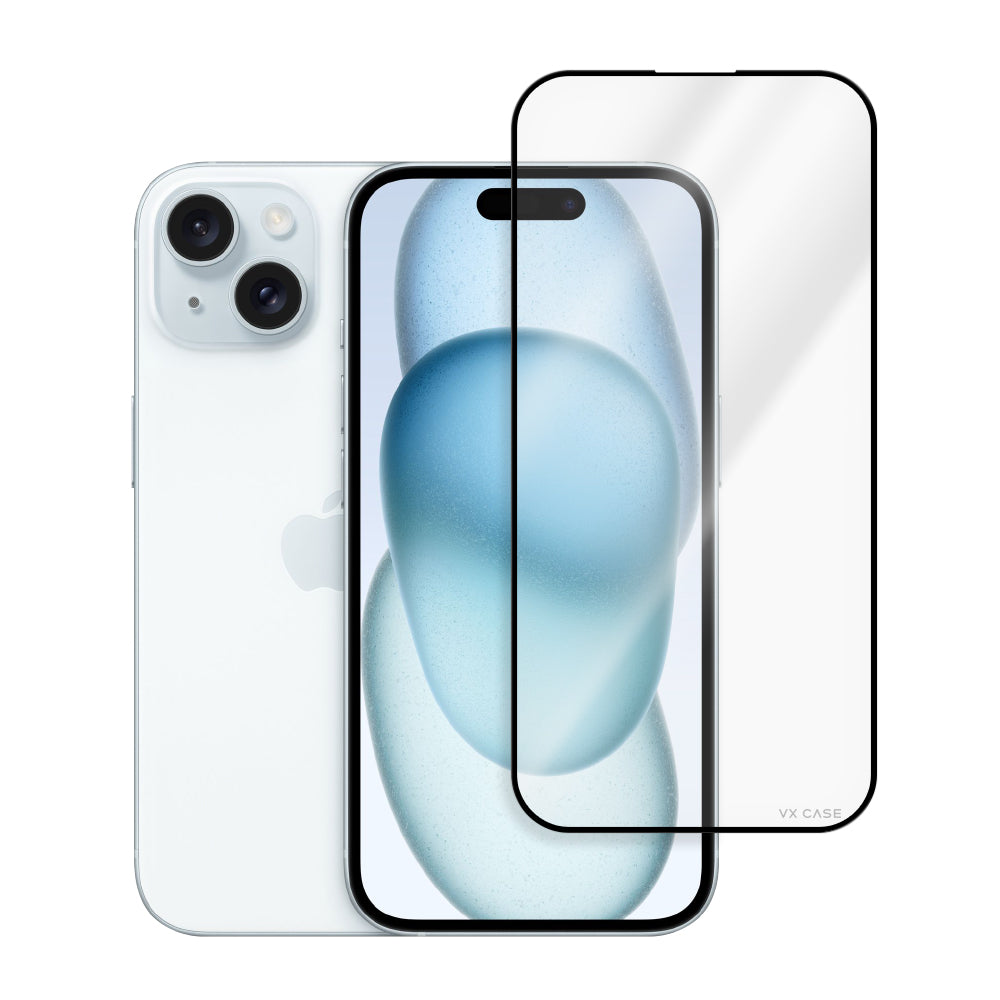 iPhone azul claro com película de vidro transparente posicionada sobre a tela, destacando proteção frontal.