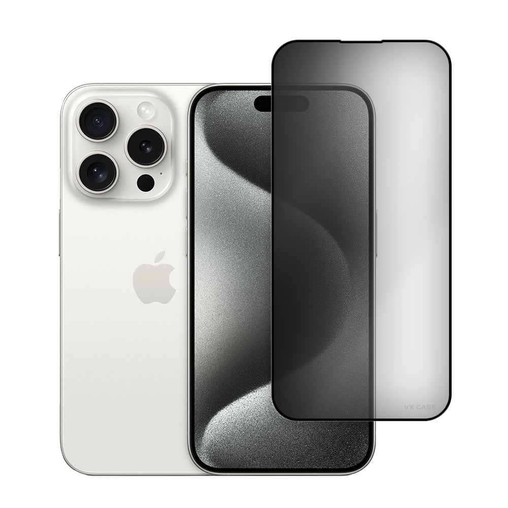 iPhone prateado com película de privacidade escura aplicada parcialmente, mostrando redução de visibilidade lateral.