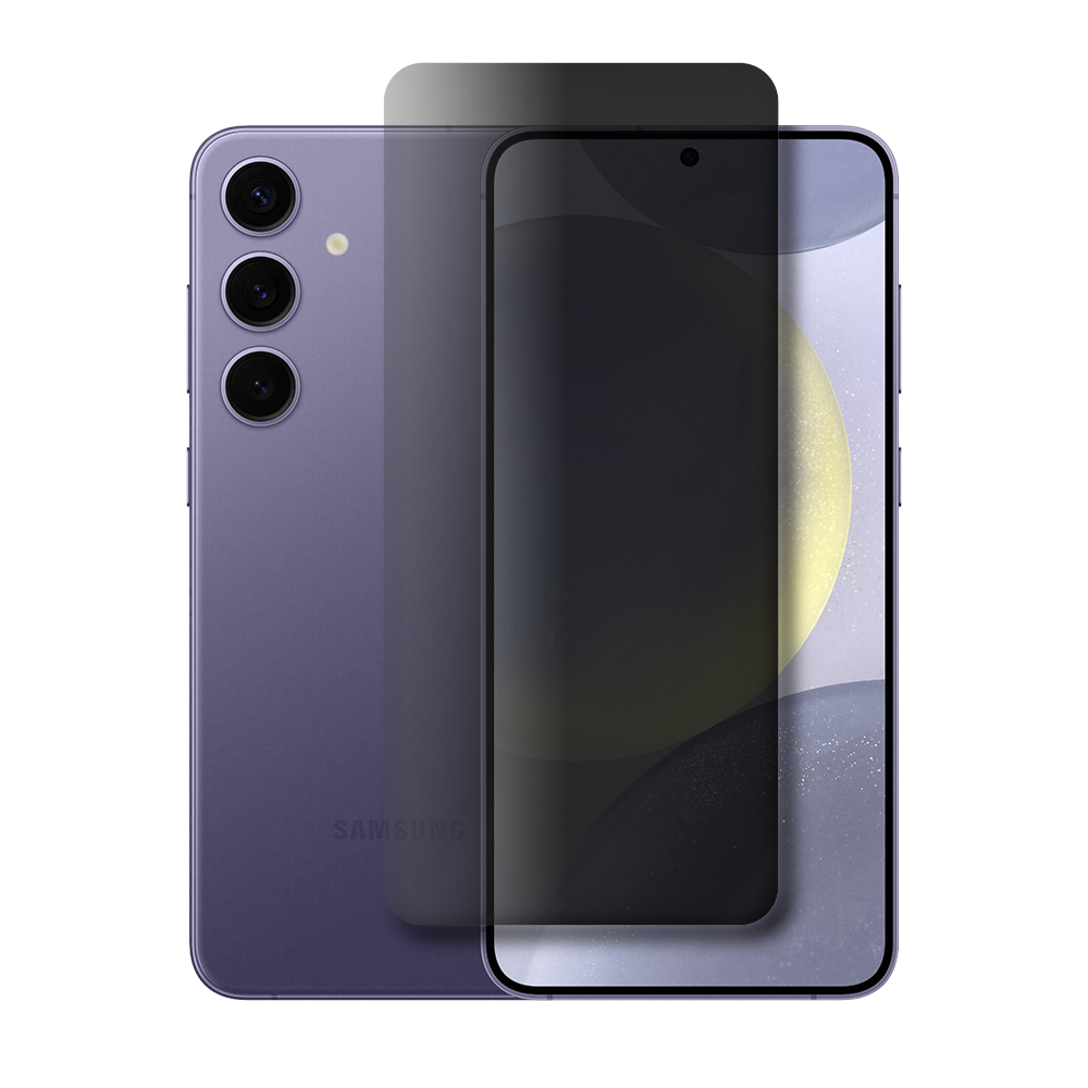 Smartphone Samsung roxo com película escurecida de privacidade sobre a tela, exibido de frente e verso
