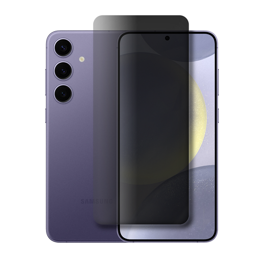 Smartphone Samsung roxo com película escurecida de privacidade sobre a tela, exibido de frente e verso