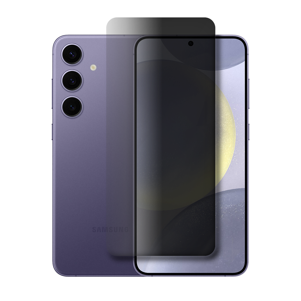 Smartphone Samsung roxo com película escurecida de privacidade sobre a tela, exibido de frente e verso