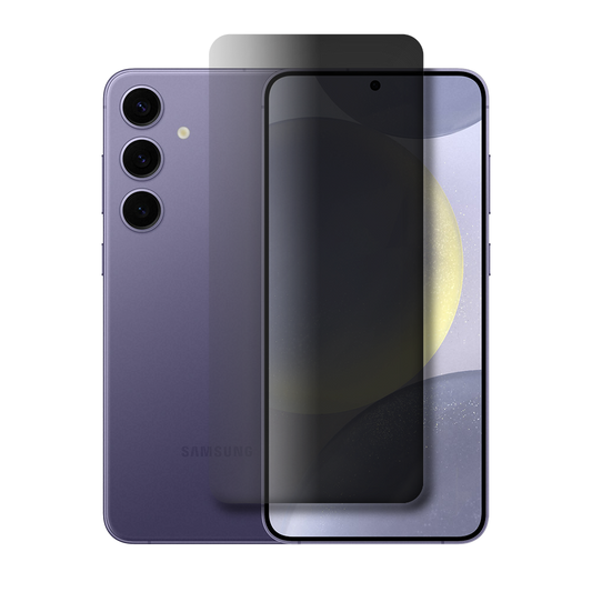 Smartphone Samsung roxo com película escurecida de privacidade sobre a tela, exibido de frente e verso