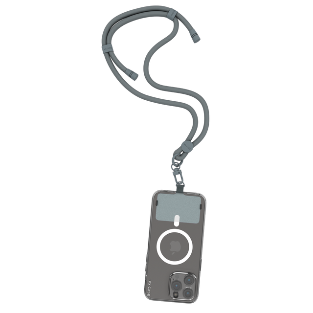 Capa de smartphone transparente com anel magnético e cordão preto ajustável para uso no pescoço